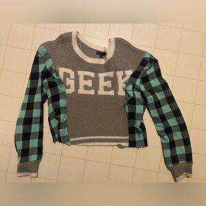 Upcycled flannel and Geek sweater